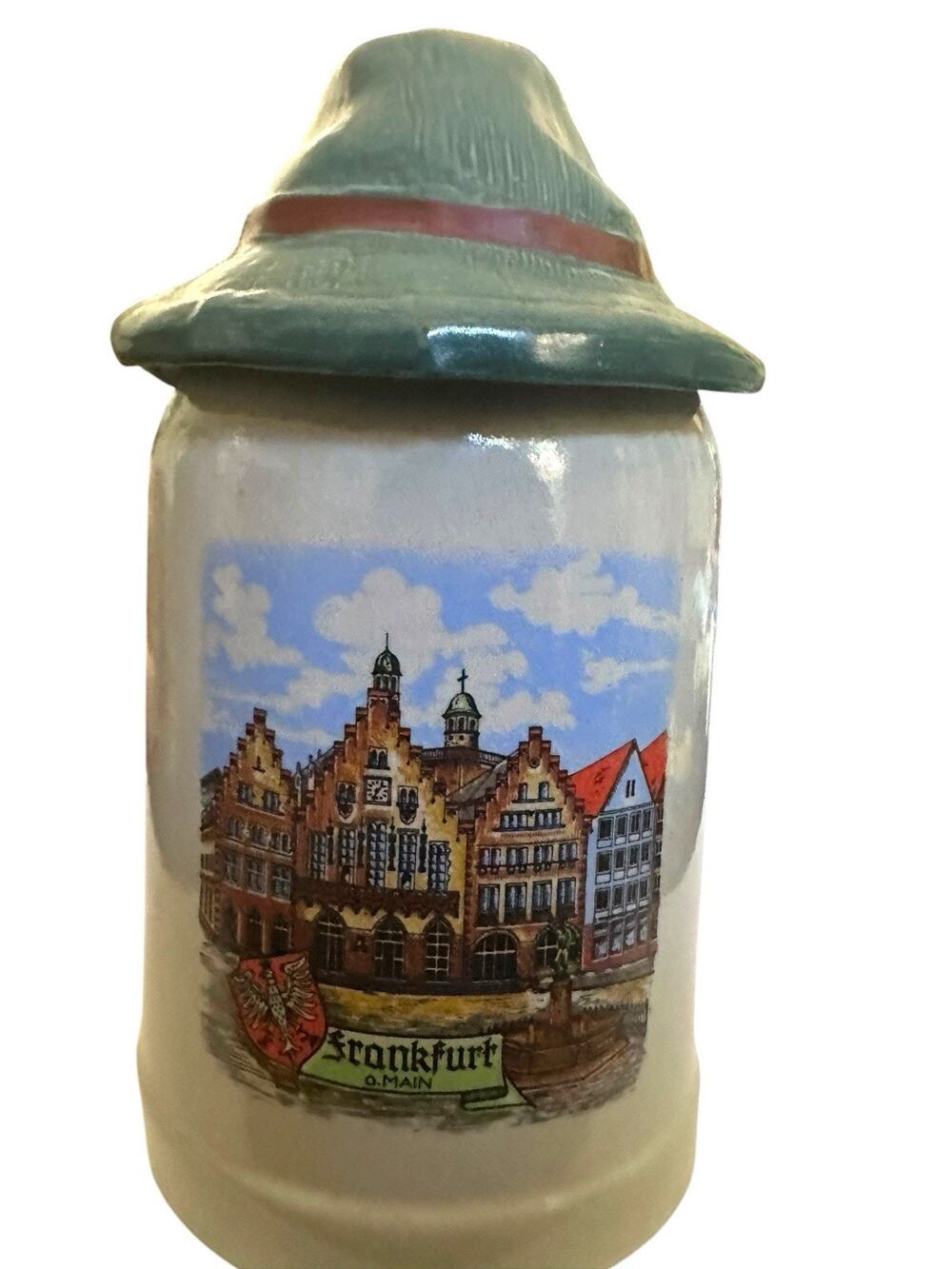 Vtg‎ Frankfurt Main Heavy Ceramic German Beer Stein With Tyrolean Lid EUC